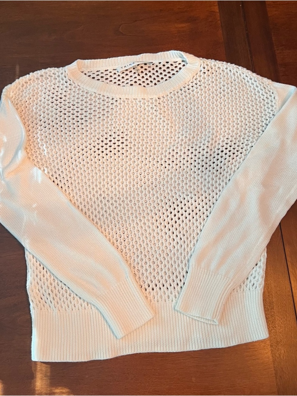Trina Turk Cream Open-Knit Crewneck Sweater. Size medium